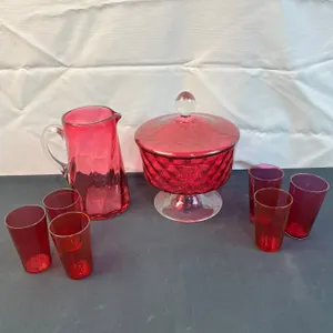 Covered Dish, 6 Glasses & Pitcher