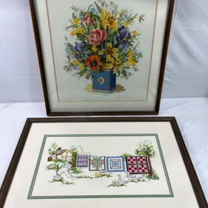 2 Framed Cross Stitch & Embroidered Art