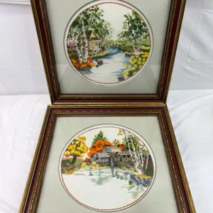 2 Framed Embroidered Water Mill Pictures