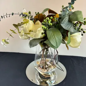 Large Glass Vase With Faux Flowers & Mirror Base & Decor