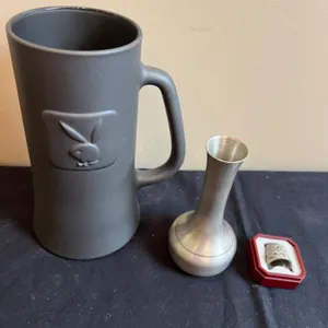 Pewter Vase, Thimble & Metallic Looking Playboy Mug