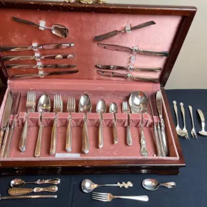 Silver Plated Flatware in Wooden Box. 4 Pieces Sterling