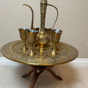 Vintage Brass Aftaba With 6 Goblets, Tray & Wooden Stand
