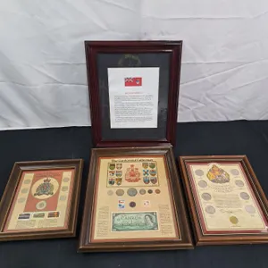 3 Framed Coin Sets & 1 Framed Canadian Red Ensign Information Sheet