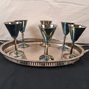 6 Silver Plated Goblets With Silver Plated Tray