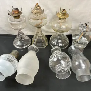 4 Hurricane Lamps & 4 Assorted Shades