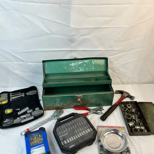 Green Tool Box with Contents and other Assorted Tools