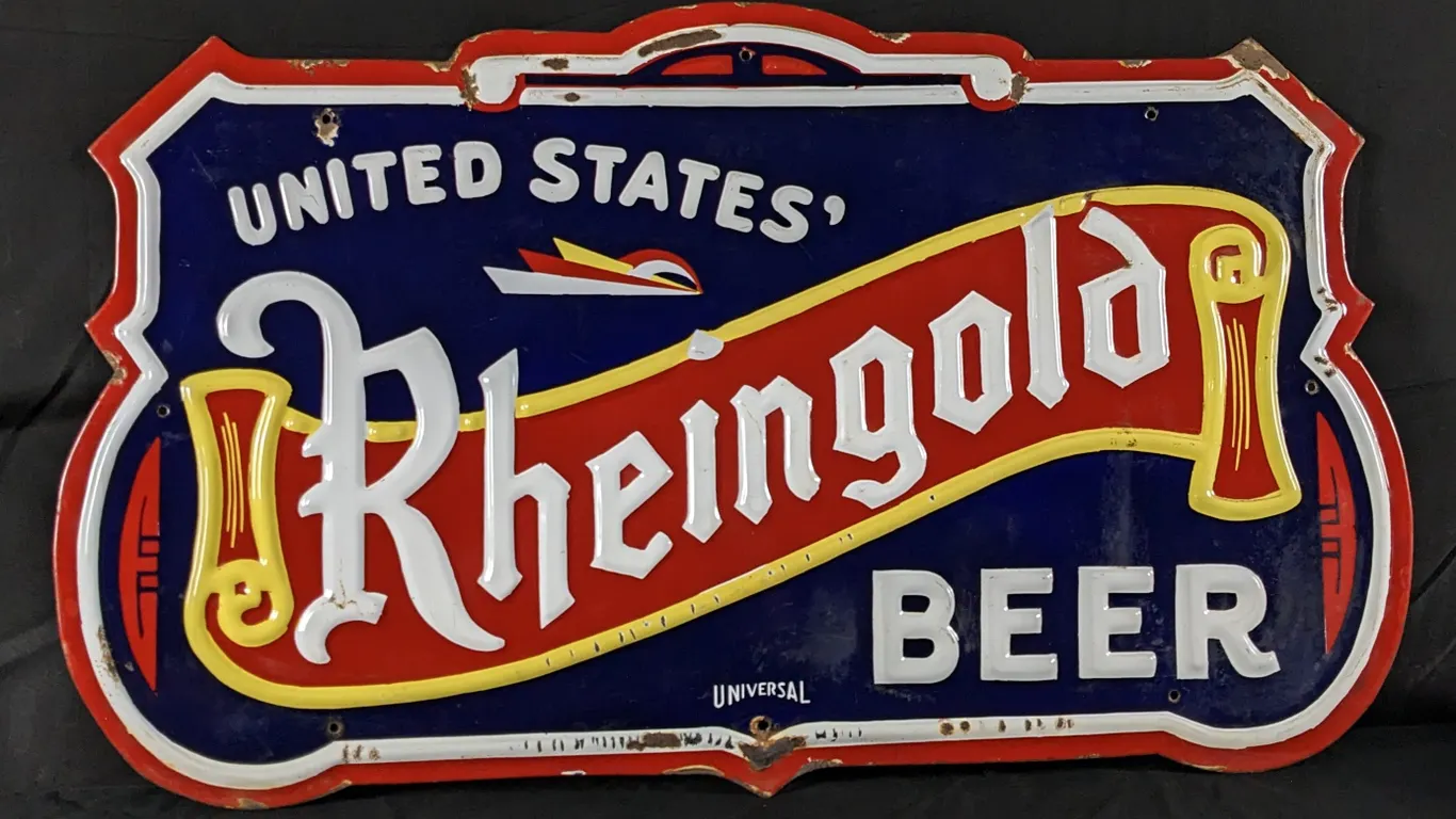 EMBOSSED PORCELAIN SIGN UNITED STATES BREWING RHEINGOLD BEER CHICAGO ILLINOIS