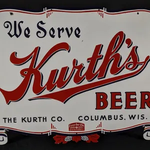 PORCELAIN SIGN WE SERVE KURTH'S BEER COLUMBUS WISCONSIN