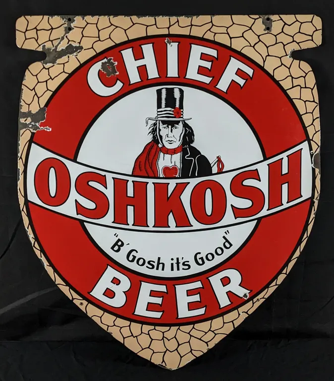 PORCELAIN ARROWHEAD SIGN CHIEF OSHKOSH BEER WISCONSIN (DOUBLE SIDED) (NATIVE AMERICAN INDIAN)