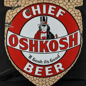 PORCELAIN ARROWHEAD SIGN CHIEF OSHKOSH BEER WISCONSIN (DOUBLE SIDED) (NATIVE AMERICAN INDIAN)