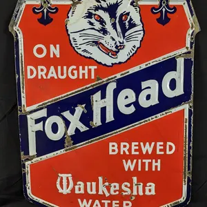 EMBOSSED PORCELAIN BEER SIGN ON DRAUGHT FOX HEAD BREWED WITH WAUKESHA WATER (WISCONSIN)