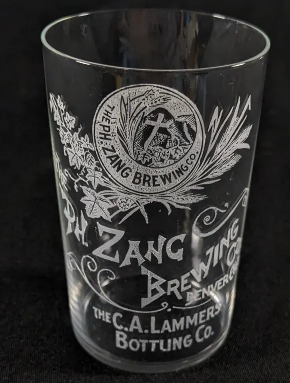PRE PRO PH. ZANG BREWING CO DENVER COLORADO C.A. LAMMERS BOTTLING CO ETCHED BEER DRINKING GLASS