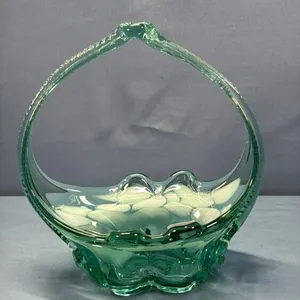 10IN HIGH GREEN FLORAL GLASS BASKET
