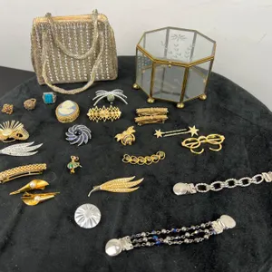 Assortment of Brooches, Hair Accessories, Hand Bag and Jewelry Box