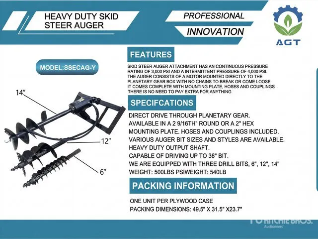 2026 AGT SSECAG-Y Skid Steer Auger (Unused)