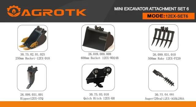 Quantity of (6) 2026 AGT 12EX-SET6 Mini Excavator Attachments (Unused)