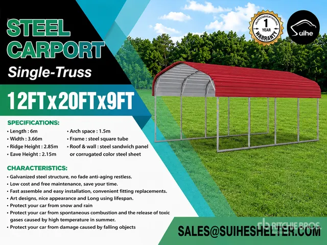 2026 Suihe M122009P 12 ft x 20 ft x 9 ft Light Steel Carport (Unused)