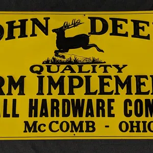 EMBOSSED TIN SIGN JOHN DEERE QUALITY FARM IMPLEMENTS HALL HARDWARE COMPANY MCCOMB OHIO