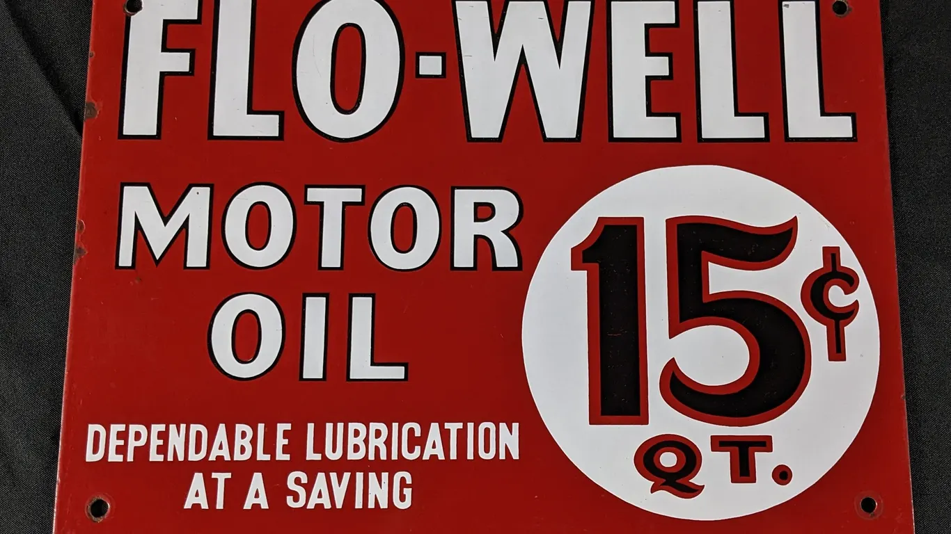 PORCELAIN OIL RACK SIGN FLO-WELL MOTOR OIL 15¢ QT