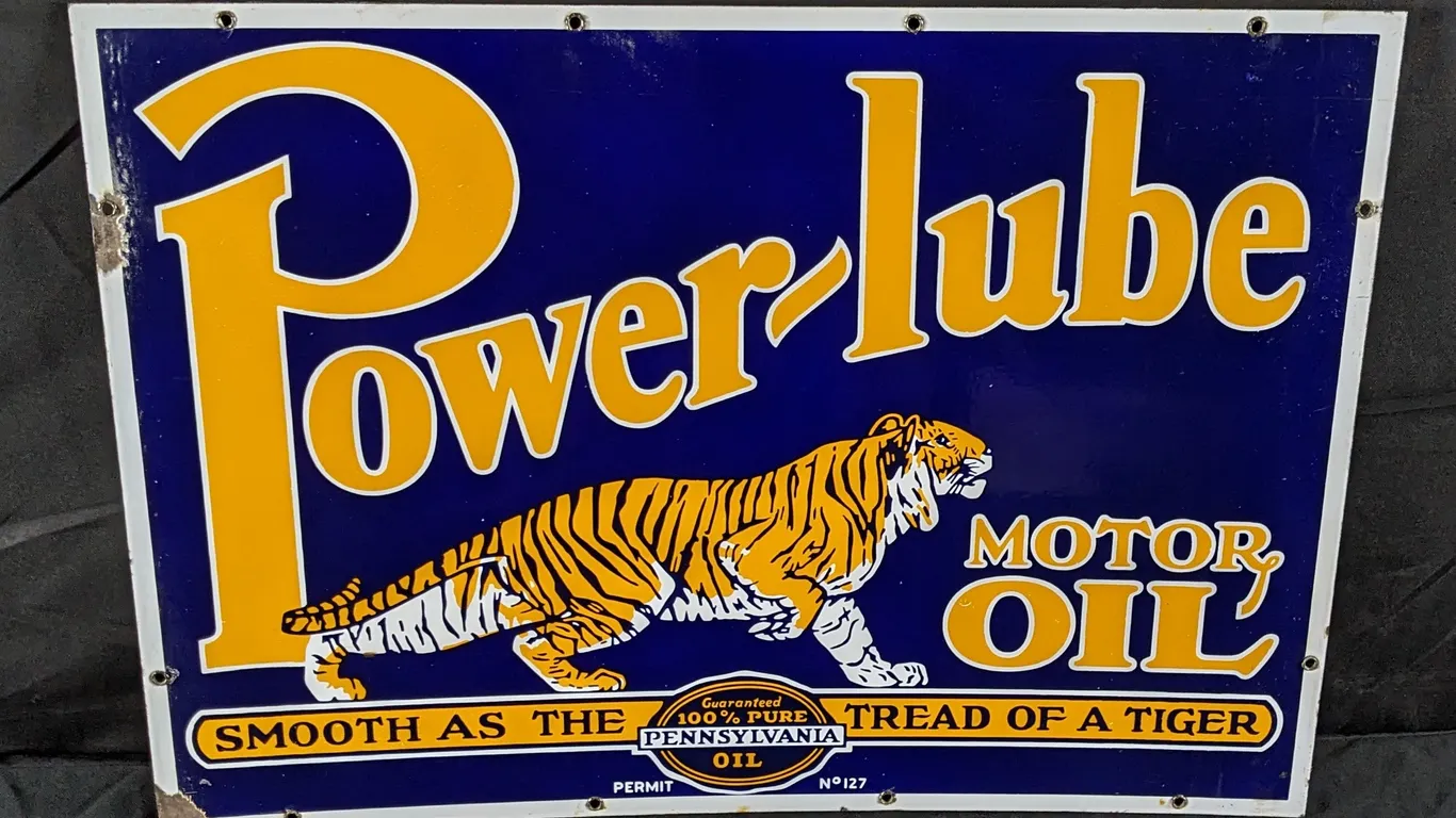 PORCELAIN SIGN POWER-LUBE MOTOR OIL TIGER GRAPHICS (2 SIDED) POWERLUBE