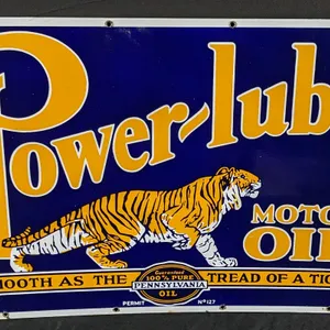 PORCELAIN SIGN POWER-LUBE MOTOR OIL TIGER GRAPHICS (2 SIDED) POWERLUBE