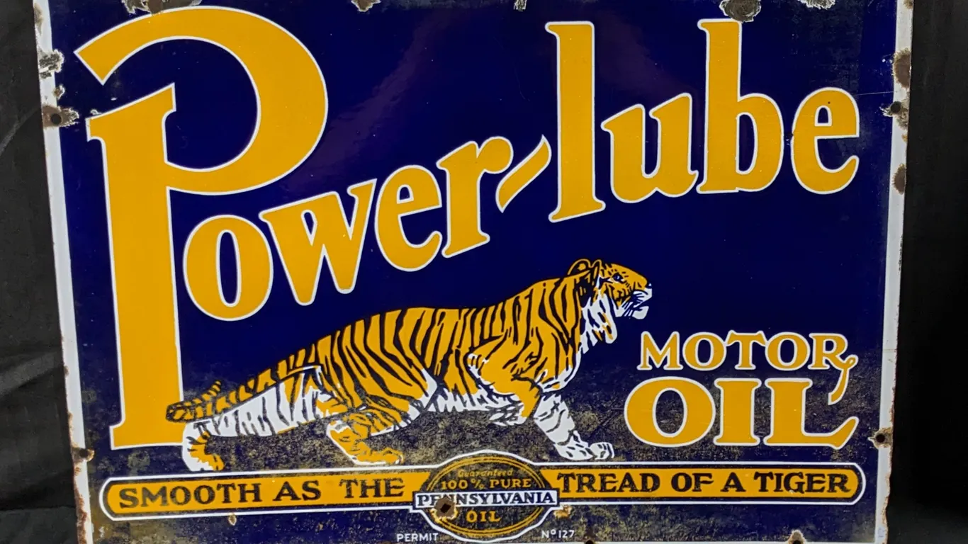 PORCELAIN SIGN POWER-LUBE MOTOR OIL TIGER GRAPHICS (2 SIDED)