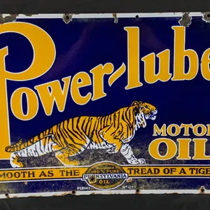 PORCELAIN SIGN POWER-LUBE MOTOR OIL TIGER GRAPHICS (2 SIDED)