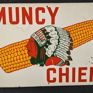 TIN FARM SIGN MUNCY CHIEF HYBRID SEED CORN NATIVE AMERICAN INDIAN GRAPHICS