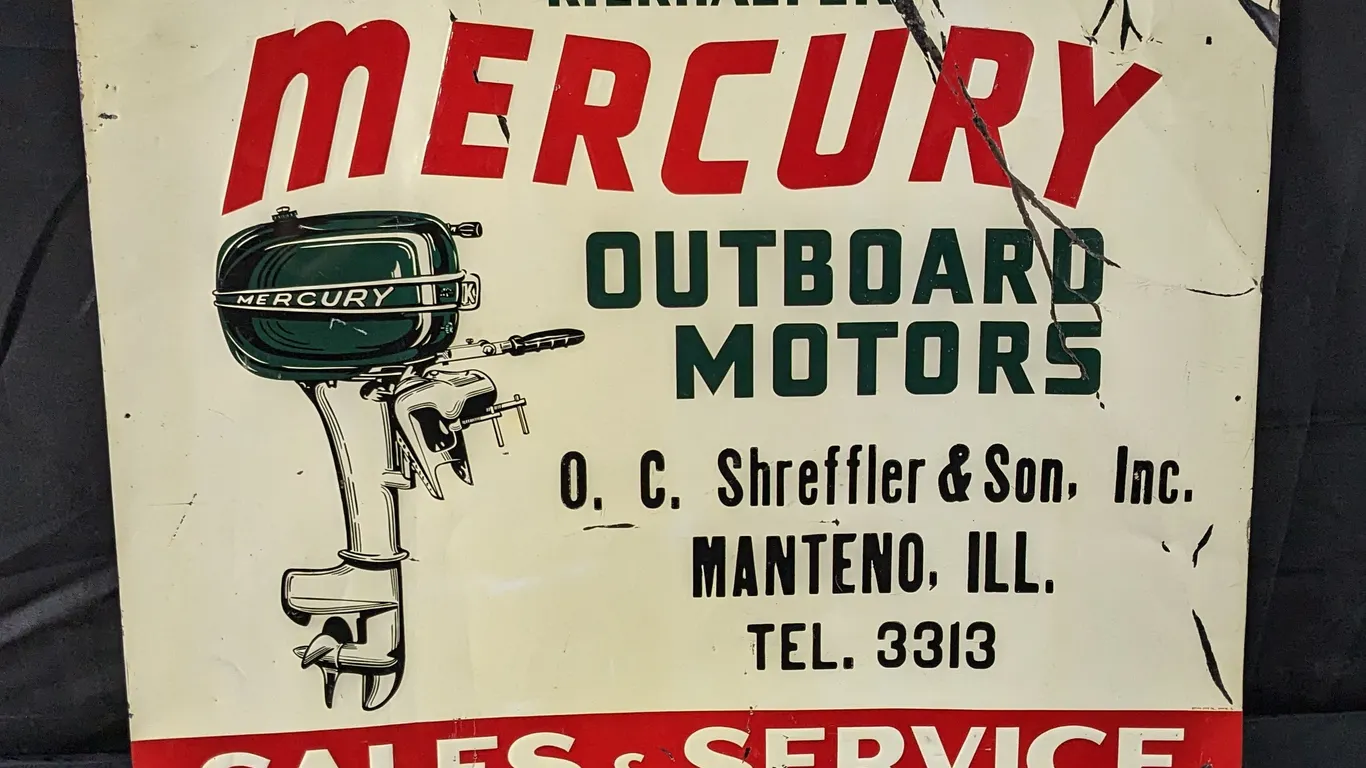 EMBOSSED TIN SIGN KIEKHAEFER MERCURY OUTBOARD MOTORS SALES & SERVICE O.C. SHREFFLER & SON MANTENO ILLINOIS