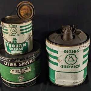 CITIES SERVICE 5 GAL OIL CAN 10# & 25# GREASE CANS & SIMONIZ WAX CAN