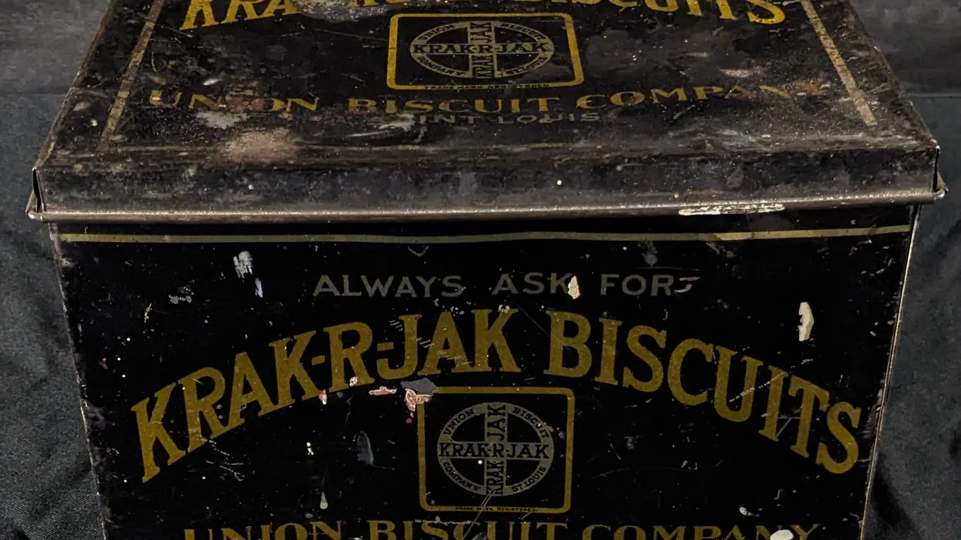 TIN LITHO BIN KRAK-R-JAK BISCUITS UNION BISCUIT CO ST LOUIS MISSOURI CRACKER