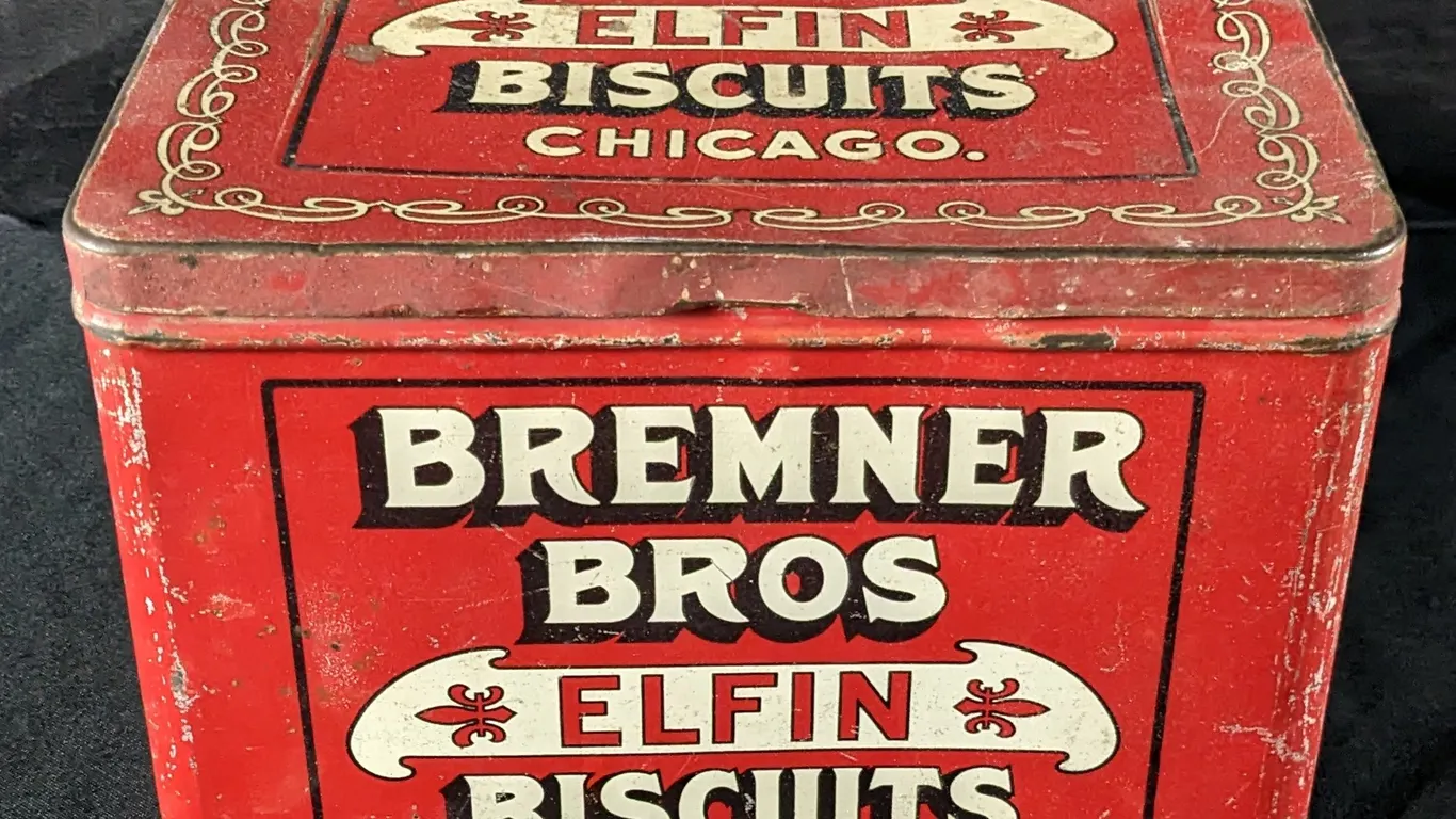 2# TIN LITHO BIN BREMER BROS ELFIN BISCUITS CHICAGO CRACKER
