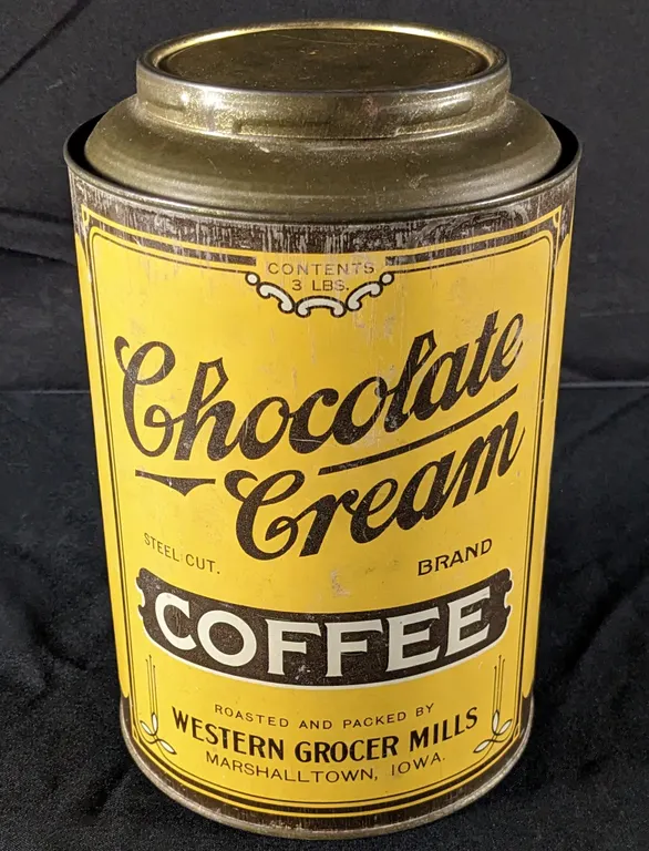 TIN LITHO 3# CAN CHOCOLATE CREAM BRAND COFFEE WESTERN GROCER MILLS MARSHALLTOWN IOWA