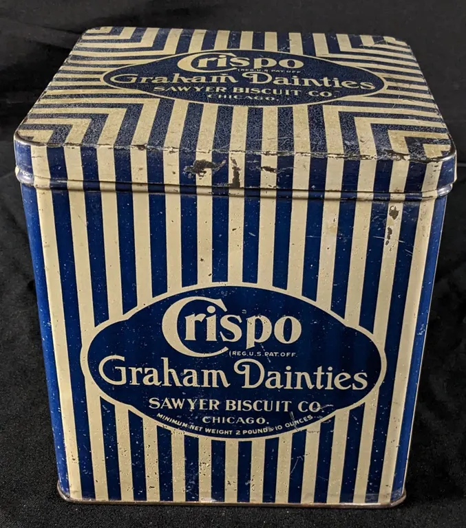 2# 10oz TIN LITHO CAN CRISPO GRAHAM DAINTIES SAWYER BISCUIT CO CHICAGO ILLINOIS