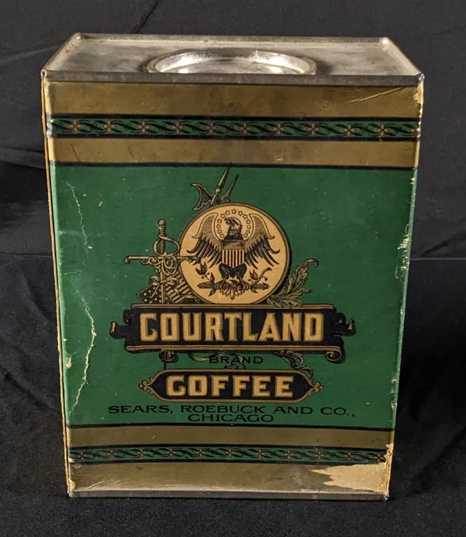 5# CARDBOARD BIN W/ TIN TOP & BOTTOM COURTLAND COFFEE SEARS ROEBUCK & CO CHICAGO ILLINOIS