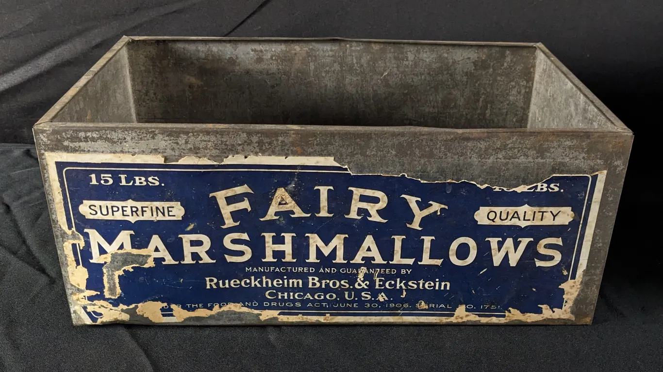 15# PAPER LABEL TIN BIN FAIRY MARSHMALLOWS RUECKHEIM BROS & ECKSTEIN CHICAGO ILLINOIS