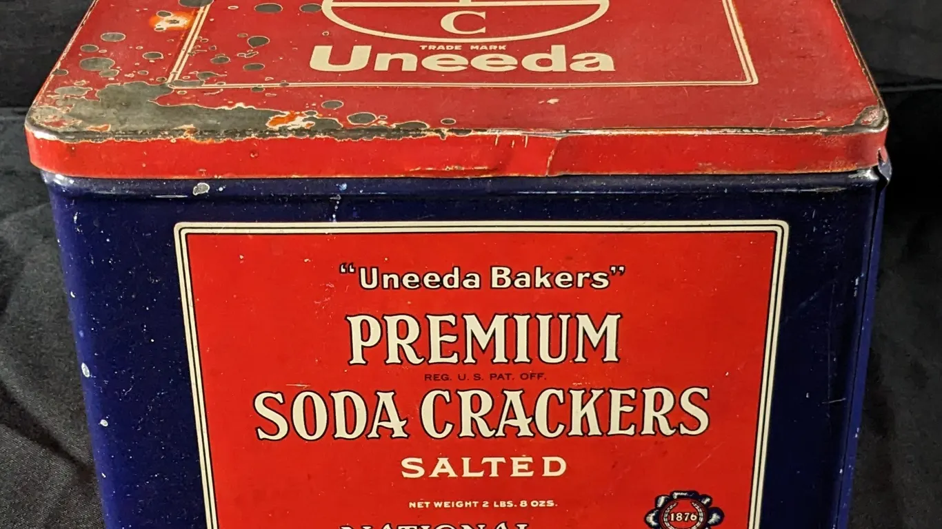 2# 8oz TIN LITHO CAN UNEEDA BAKERS PREMIUM SODA CRACKERS NATIONAL BISCUIT COMPANY