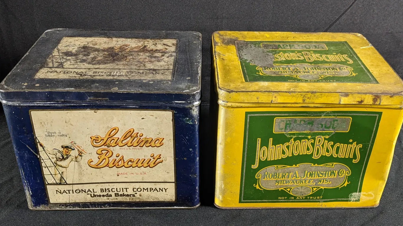 (PAIR) TIN LITHO BISCUIT CRACKER BINS JOHNSTONS MILWAUKEE & SALTINA UNEEDA