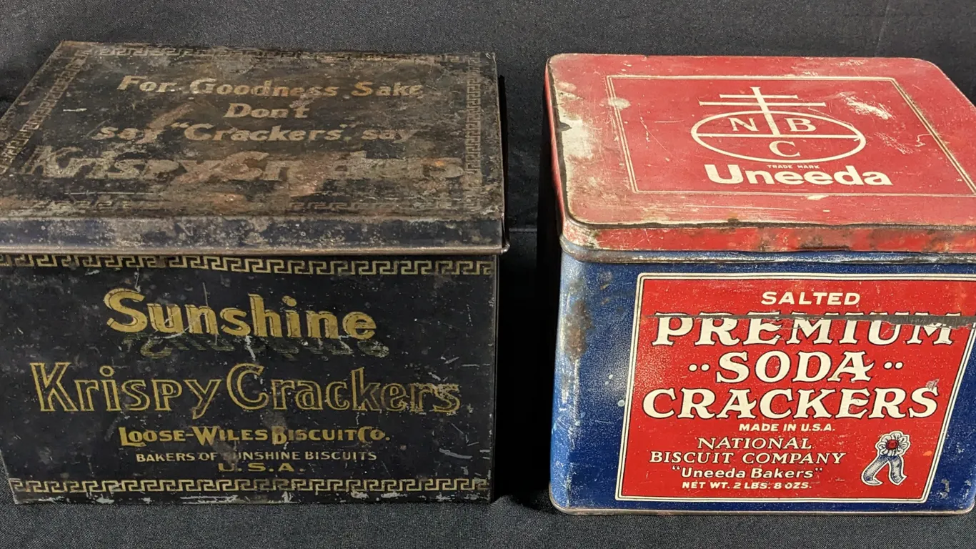(PAIR) TIN LITHO BISCUIT BINS UNEEDA BAKERS & SUNSHINE KRISPY CRACKERS