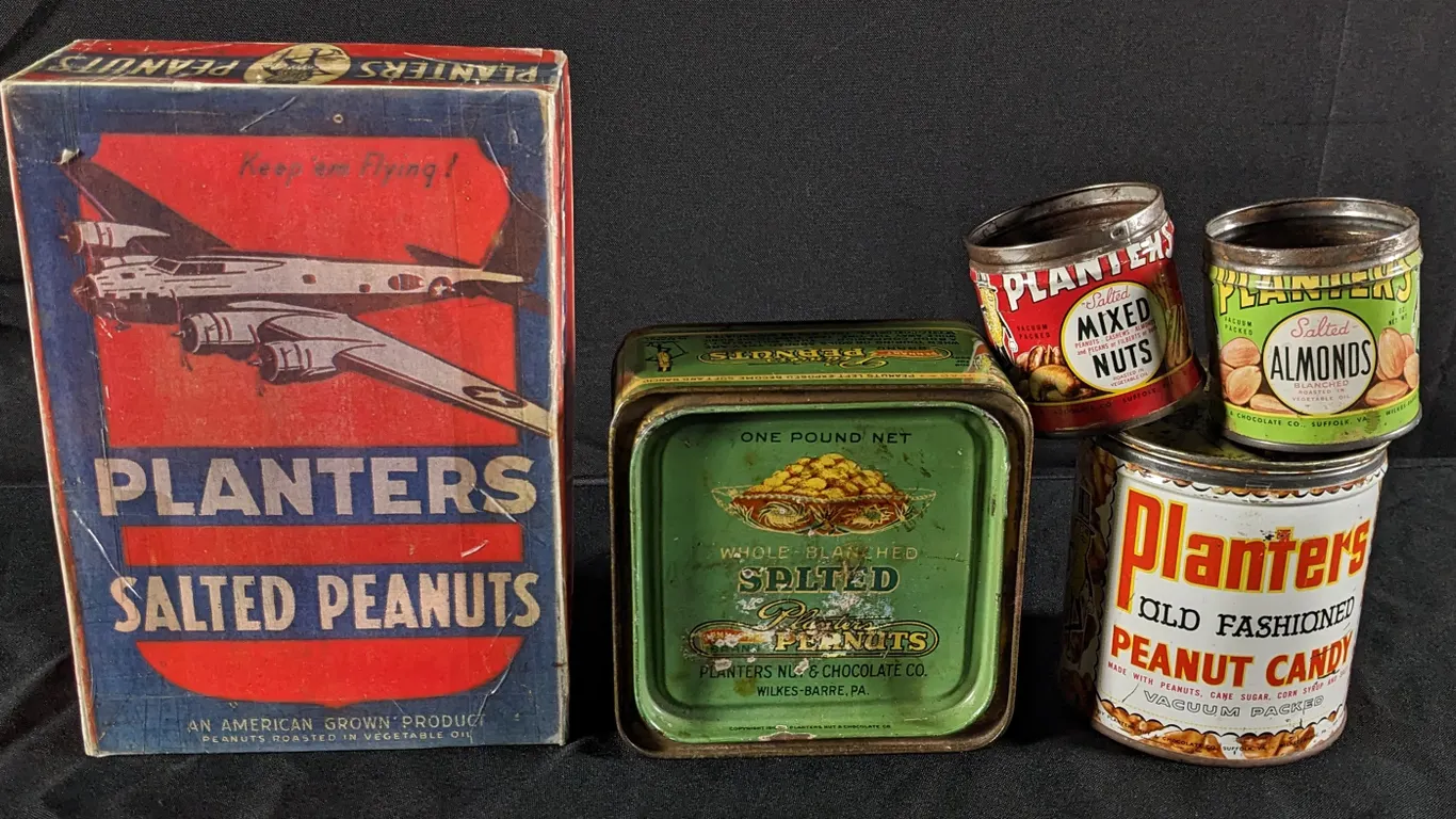 GROUP OF PLANTERS PEANUT ADVERTISING TIN CANS & BOX