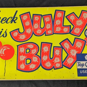 VINTAGE CARDSTOCK WINDOW SIGN CHECK THIS JULY BUY CHRYSLER TOP QUALITY USED CARS