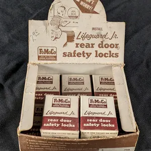 VINTAGE FORD PARTS FOMOCO LIFEGUARD JR. REAR DOOR SAFETY LOCKS DISPLAY BOX
