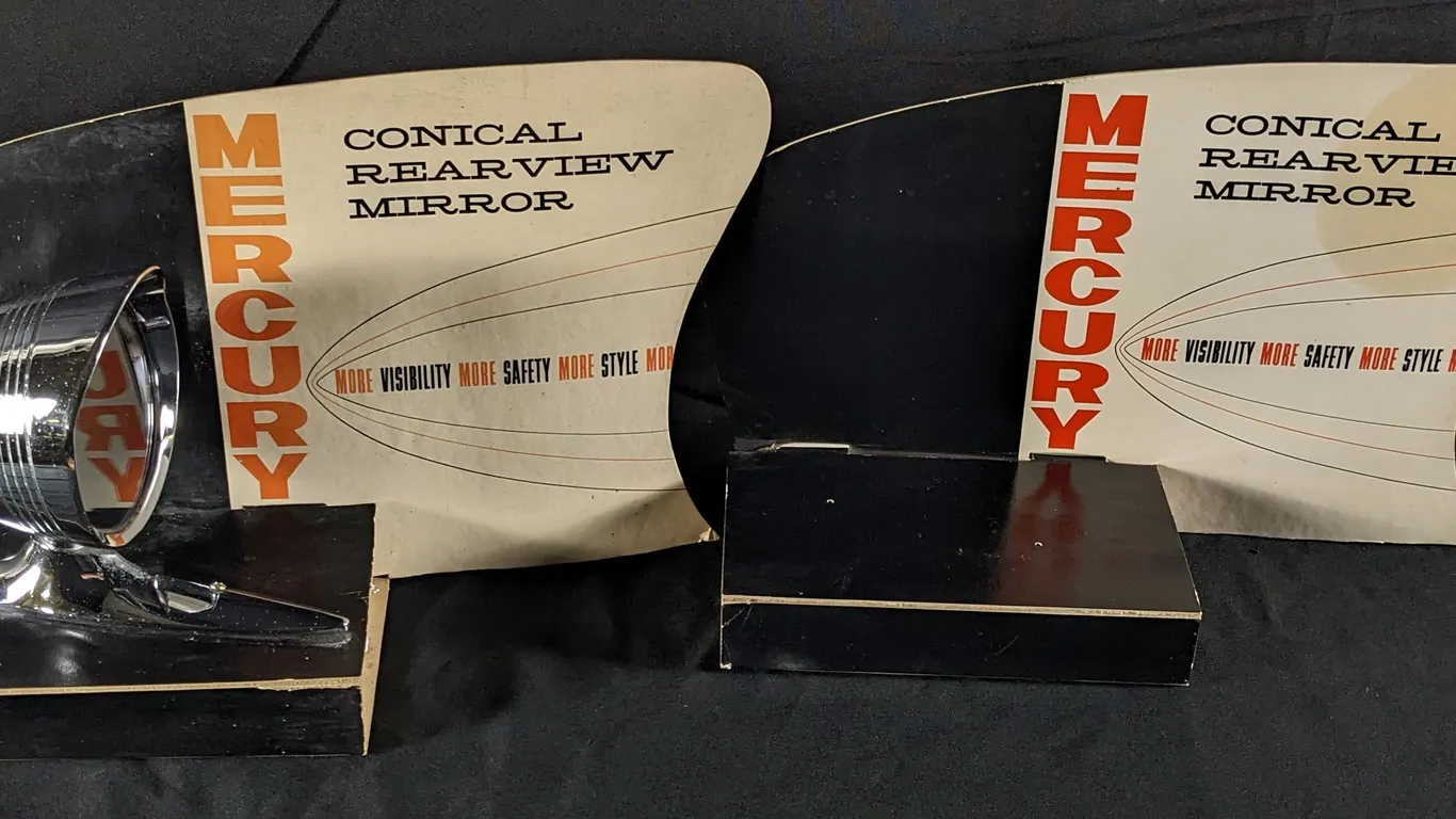 2 VINTAGE MERCURY CONICAL REARVIEW MIRROR DISPLAY RACK SIGNS