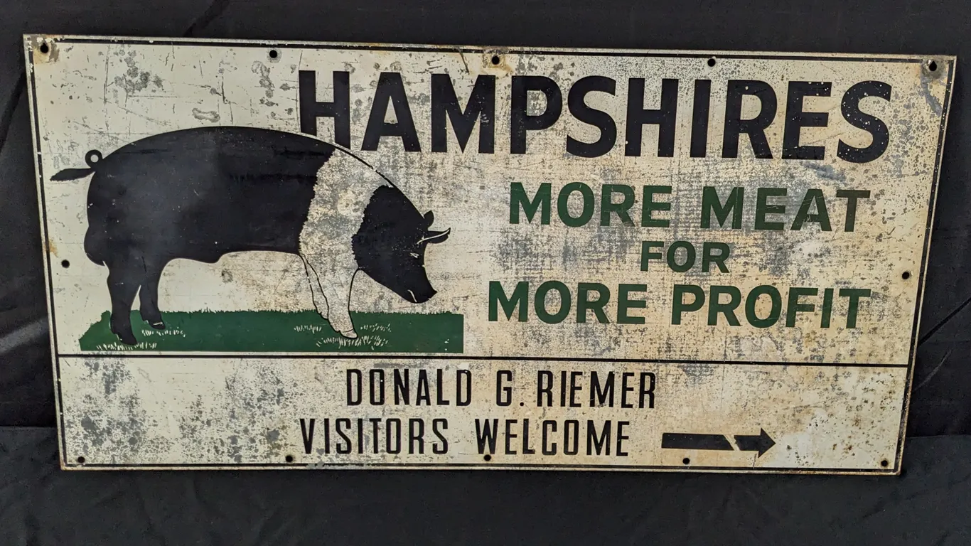 TIN FARM SIGN HAMPSHIRES DONALD G RIEMER VISITORS WELCOME (PIG HOG SWINE PORK) (2 SIDED)