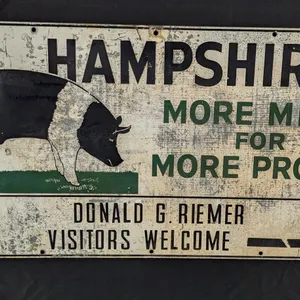 TIN FARM SIGN HAMPSHIRES DONALD G RIEMER VISITORS WELCOME (PIG HOG SWINE PORK) (2 SIDED)