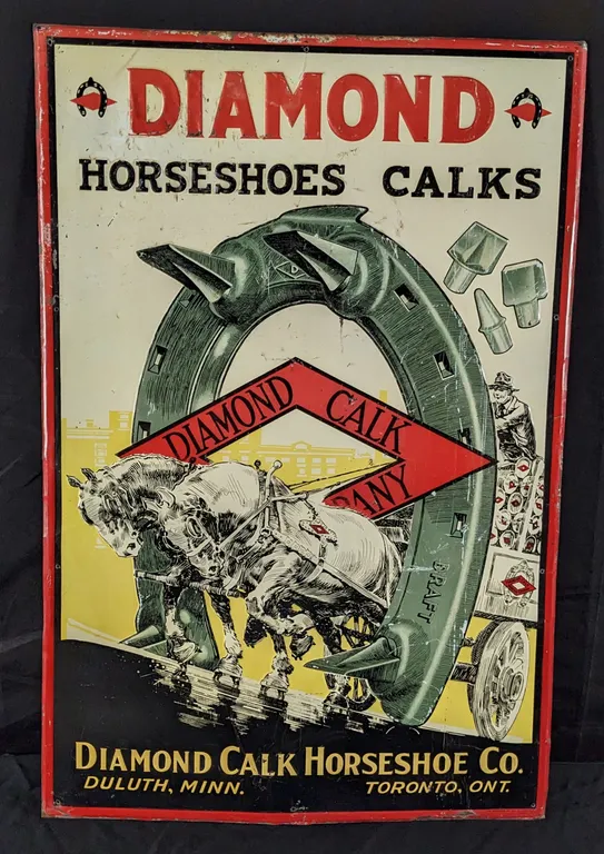 RARE EMBOSSED TIN SIGN DIAMOND HORSESHOE CALKS DULUTH MINNESOTA TORONTO ONTARIO CANADA