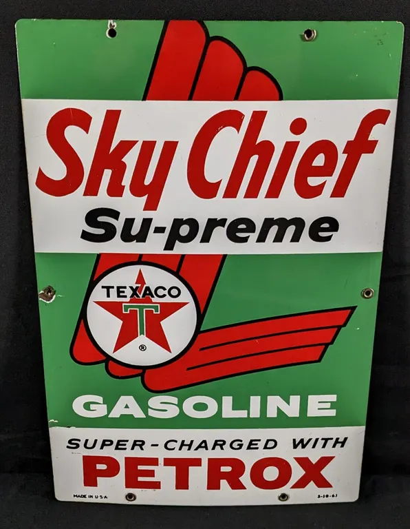 1961 PORCELAIN GAS PUMP SIGN TEXACO SKY CHIEF SU-PREME GASOLINE SUPER-CHARGED WITH PETROX