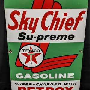 1961 PORCELAIN GAS PUMP SIGN TEXACO SKY CHIEF SU-PREME GASOLINE SUPER-CHARGED WITH PETROX