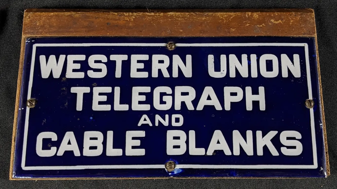 PORCELAIN SIGN WESTERN UNION TELEGRAPH AND CABLE BLANKS